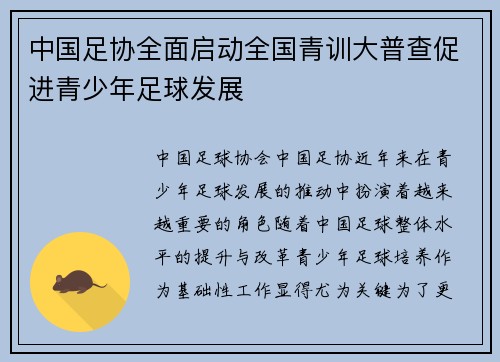 中国足协全面启动全国青训大普查促进青少年足球发展