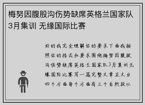 梅努因腹股沟伤势缺席英格兰国家队3月集训 无缘国际比赛